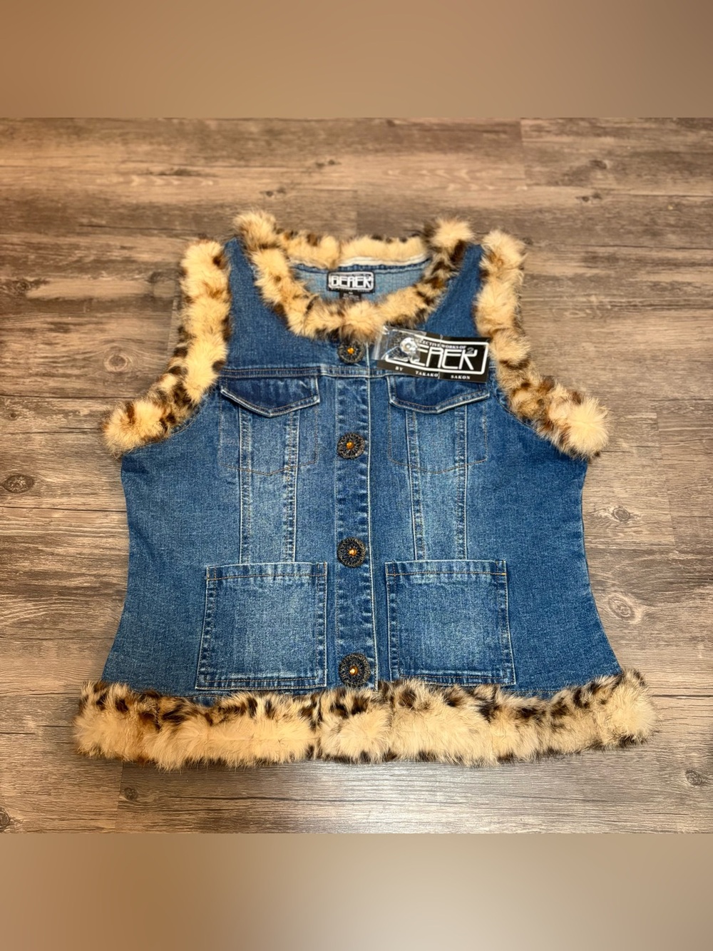 Y2K BEREK Blue Denim Vest with Leopard Faux-Fur Trim Size Medium